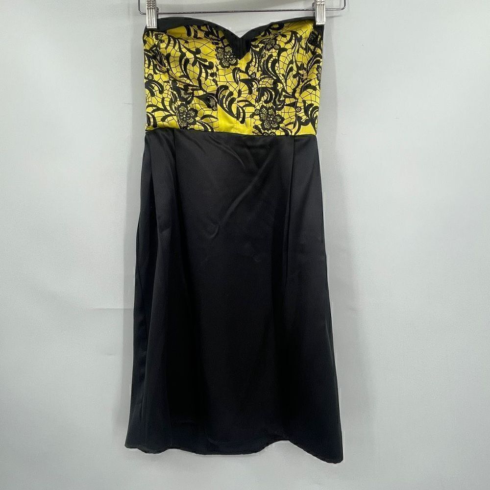 Grace Sun Black Yellow Faux Lace Strapless Zip Silk Mini Dress Size 2